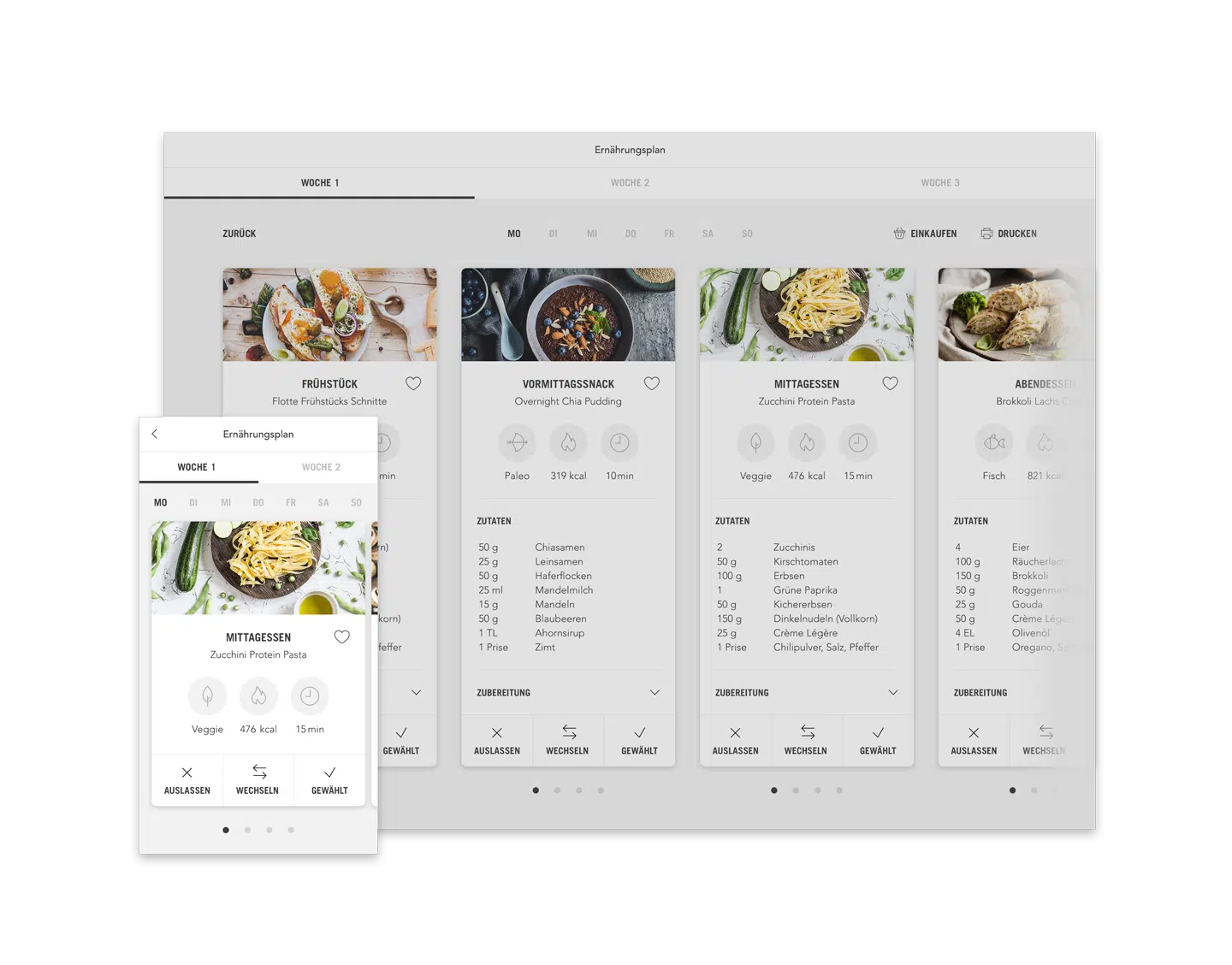 Eat4Passion Ernährungsplan Plan mit Mahlzeiten (Desktop responsive Ansicht Beispiel Tag)